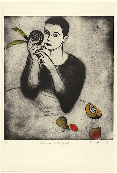 Artist: b'Kjar, Barbie.' | Title: b'Marise with fruit' | Date: 1993 | Technique: b'drypoint, printed in black ink, from one plate; hand-coloured with pastel' Artist: b'Kjar, Barbie.' | Title: b'Marise with fruit' | Date: 1993 | Technique: b'drypoint, printed in black ink, from one plate; hand-coloured with pastel'