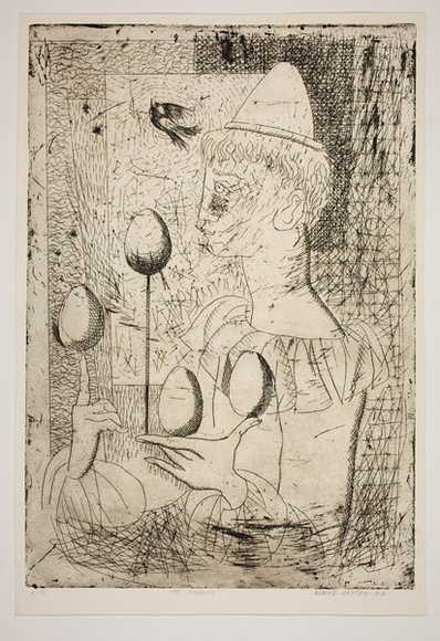 Artist: b'Haxton, Elaine' | Title: b'The juggler' | Date: 1966 | Technique: b'etching and aquatint, printed in black ink, from one plate; touched with pencil' Artist: b'Haxton, Elaine' | Title: b'The juggler' | Date: 1966 | Technique: b'etching and aquatint, printed in black ink, from one plate; touched with pencil'