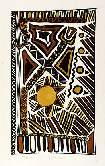 Artist: b'Kantilla, Louise.' | Title: b'Japurraringa' | Date: 1988 | Technique: b'screenprint, printed in black ink, from one stencil; hand-coloured' Artist: b'Kantilla, Louise.' | Title: b'Japurraringa' | Date: 1988 | Technique: b'screenprint, printed in black ink, from one stencil; hand-coloured'