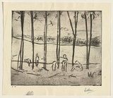 Title: not titled [five figures between tree trunks] | Date: c.1966 | Technique: etching, drypoint and foul-biting, printed in black ink with plate-tone, from one plate