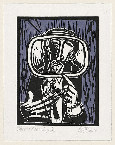 Artist: b'McBride, Janice.' | Title: b'Second coming' | Date: 1999 | Technique: b'linocut, printed in colour, from two blocks' Artist: b'McBride, Janice.' | Title: b'Second coming' | Date: 1999 | Technique: b'linocut, printed in colour, from two blocks'