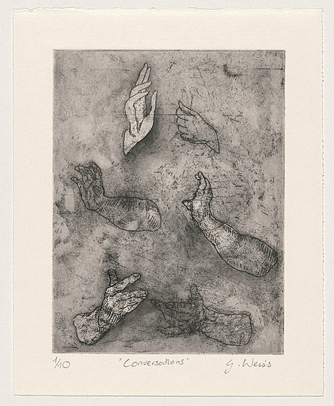 Artist: b'Weiss, Gali' | Title: b'Conversations' | Date: 1999 | Technique: b'etching, printed in black ink, from one plate' Artist: b'Weiss, Gali' | Title: b'Conversations' | Date: 1999 | Technique: b'etching, printed in black ink, from one plate'