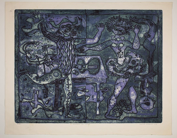 Artist: b'Haxton, Elaine' | Title: b'Commedia del Arte' | Date: 1967 | Technique: b'open-bite etching and aquatint, printed in colour' Artist: b'Haxton, Elaine' | Title: b'Commedia del Arte' | Date: 1967 | Technique: b'open-bite etching and aquatint, printed in colour'