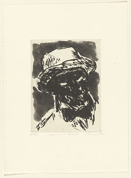 Artist: b'Lee, Graeme.' | Title: b'Man in a hat IX' | Date: 1996, May | Technique: b'etching, printed in black ink, from one plate' Artist: b'Lee, Graeme.' | Title: b'Man in a hat IX' | Date: 1996, May | Technique: b'etching, printed in black ink, from one plate'