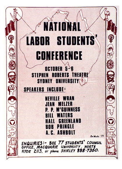 Artist: b'Weeks, Ron.' | Title: bPoster: 'National Labor Students' Conference' | Date: 1974 | Technique: b'screenprint, printed in colour, from multiple stencils' Artist: b'Weeks, Ron.' | Title: bPoster: 'National Labor Students' Conference' | Date: 1974 | Technique: b'screenprint, printed in colour, from multiple stencils'