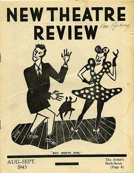 Title: b'New theatre review: Aug-Sept 1945' | Date: July 1945 | Technique: b'linocut, printed in black ink, from one block; letterpress text' Title: b'New theatre review: Aug-Sept 1945' | Date: July 1945 | Technique: b'linocut, printed in black ink, from one block; letterpress text'