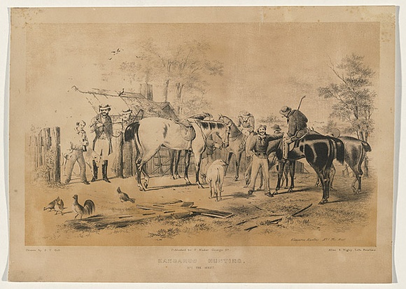 Title: b'Kangaroo Hunting No.1 - The meet' | Date: 1858 | Technique: b'lithograph, printed in colour, from two stones (black image and text, buff tint stone)' Title: b'Kangaroo Hunting No.1 - The meet' | Date: 1858 | Technique: b'lithograph, printed in colour, from two stones (black image and text, buff tint stone)'