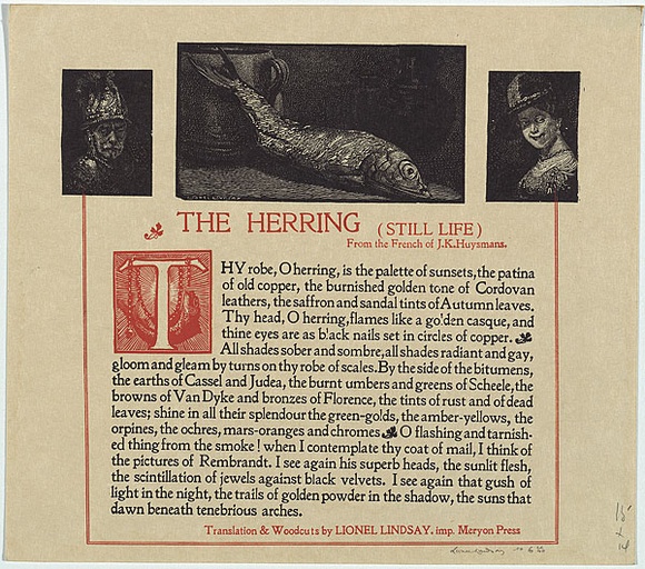 Artist: b'LINDSAY, Lionel' | Title: b'The herring' | Date: 1923 | Technique: b'woodengravings and letterpress in black and red ink' | Copyright: b'Courtesy of the National Library of Australia' Artist: b'LINDSAY, Lionel' | Title: b'The herring' | Date: 1923 | Technique: b'woodengravings and letterpress in black and red ink' | Copyright: b'Courtesy of the National Library of Australia'