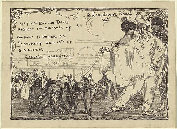 Artist: b'Conder, Charles.' | Title: b'Invitation card: Mr and Mrs Edmund Davis request the pleasure.' | Date: 1904 | Technique: b'transfer-lithograph, printed in warm black ink, from one stone' Artist: b'Conder, Charles.' | Title: b'Invitation card: Mr and Mrs Edmund Davis request the pleasure.' | Date: 1904 | Technique: b'transfer-lithograph, printed in warm black ink, from one stone'