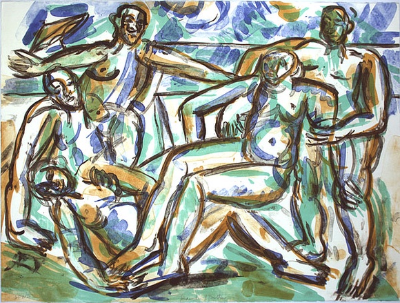 Artist: b'Furlonger, Joe.' | Title: b'Deposition bathers' | Date: 1990 | Technique: b'lithograph, printed in colour, from multiple stones' Artist: b'Furlonger, Joe.' | Title: b'Deposition bathers' | Date: 1990 | Technique: b'lithograph, printed in colour, from multiple stones'