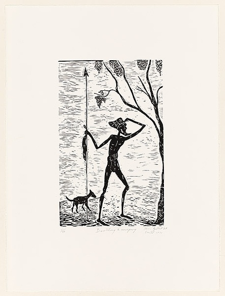 Artist: b'Gilbert, Kevin.' | Title: b'Boothang and Mirngarng' | Date: 1969 | Technique: b'linocut, printed in black ink, from one block' Artist: b'Gilbert, Kevin.' | Title: b'Boothang and Mirngarng' | Date: 1969 | Technique: b'linocut, printed in black ink, from one block'