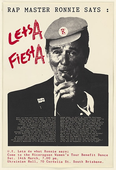 Artist: b'Black Banana Posters.' | Title: b'Rap Master Ronnie says: Lets A Fiest A.' | Date: 1987 | Technique: b'screenprint, printed in colour, from multiple stencils' Artist: b'Black Banana Posters.' | Title: b'Rap Master Ronnie says: Lets A Fiest A.' | Date: 1987 | Technique: b'screenprint, printed in colour, from multiple stencils'