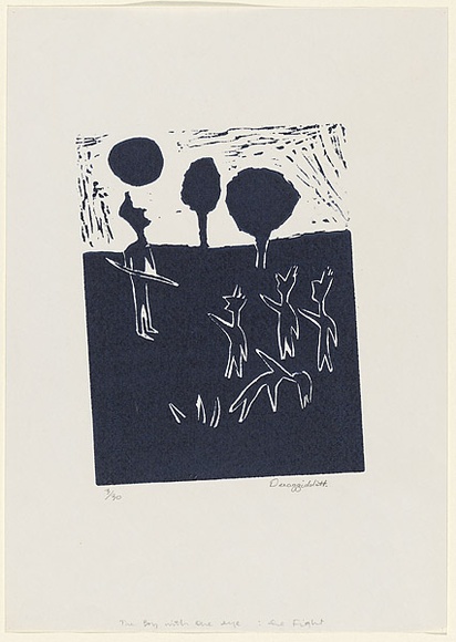 Artist: b'Deeaggadditt Phillips, Dennis.' | Title: b'The Boy with one eye: the Fight' | Date: 1986 | Technique: b'linocut, printed in dark blue ink, from one block' Artist: b'Deeaggadditt Phillips, Dennis.' | Title: b'The Boy with one eye: the Fight' | Date: 1986 | Technique: b'linocut, printed in dark blue ink, from one block'