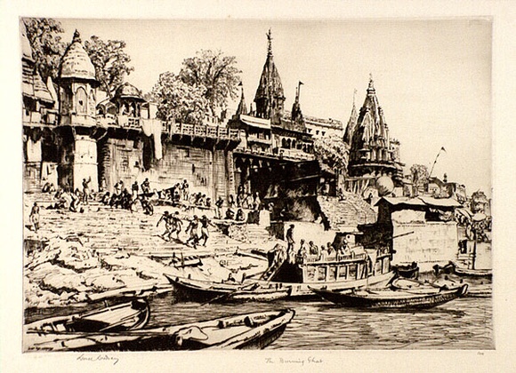 Artist: b'LINDSAY, Lionel' | Title: b'The burning ghat, Benares' | Date: 1930 | Technique: b'drypoint, printed in brown ink, from one plate' | Copyright: b'Courtesy of the National Library of Australia' Artist: b'LINDSAY, Lionel' | Title: b'The burning ghat, Benares' | Date: 1930 | Technique: b'drypoint, printed in brown ink, from one plate' | Copyright: b'Courtesy of the National Library of Australia'
