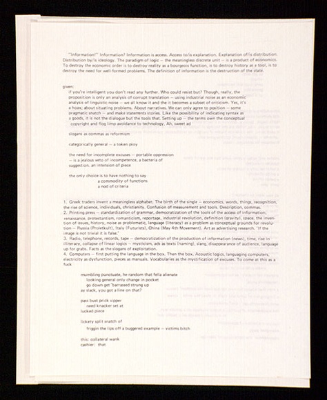 Artist: b'Mann, Chris' | Title: b'Information!: a poem from the portfolio Rare birds with sticky wings.' | Date: 1978 | Technique: b'offset-lithograph, printed in black ink' Artist: b'Mann, Chris' | Title: b'Information!: a poem from the portfolio Rare birds with sticky wings.' | Date: 1978 | Technique: b'offset-lithograph, printed in black ink'