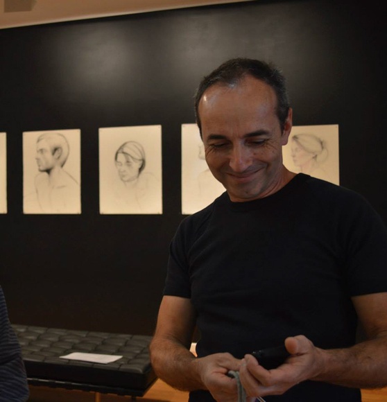 Artist: b'Ameneiro, Tony' | Title: bTony Ameneiro with his exhibition, 'Recent Drawings', Art Vault, Mildura, 30 April - 19 May 2014. | Date: 2014 Artist: b'Ameneiro, Tony' | Title: bTony Ameneiro with his exhibition, 'Recent Drawings', Art Vault, Mildura, 30 April - 19 May 2014. | Date: 2014