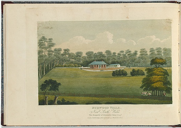 Artist: b'Lycett, Joseph.' | Title: b'Burwood Villa, New South Wales.' | Date: 1825 | Technique: b'etching and aquatint, printed in black ink, from one copper plate; hand-coloured' Artist: b'Lycett, Joseph.' | Title: b'Burwood Villa, New South Wales.' | Date: 1825 | Technique: b'etching and aquatint, printed in black ink, from one copper plate; hand-coloured'