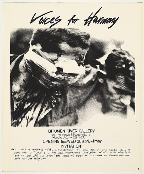 Artist: b'Megalo International Screenprinting Collective.' | Title: b'Voices for Harmony - Bitumen River Gallery' | Date: 1983 | Technique: b'screenprint, printed in black ink, from one stencil' Artist: b'Megalo International Screenprinting Collective.' | Title: b'Voices for Harmony - Bitumen River Gallery' | Date: 1983 | Technique: b'screenprint, printed in black ink, from one stencil'