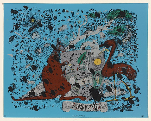 Artist: b'Littler, Frank' | Title: b'Zipping flies (Australia).' | Date: (1974) | Technique: b'screenprint, printed in colour, from multiple stencils' Artist: b'Littler, Frank' | Title: b'Zipping flies (Australia).' | Date: (1974) | Technique: b'screenprint, printed in colour, from multiple stencils'