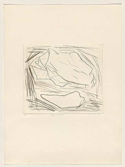Title: b'Cloth and tube' | Date: 1979 | Technique: b'drypoint, printed in black ink, from one perspex plate, hand-coloured in brown wash'
