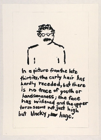 Artist: b'Heyes, Ken.' | Title: b'In a picture from the late thirties, the curly hair has hardly receded, but there is no trace of youth or handsomeness; the face has widened and the upper torso seems not just high but blocky, huge.' | Date: 1984 | Technique: b'photocopy' Artist: b'Heyes, Ken.' | Title: b'In a picture from the late thirties, the curly hair has hardly receded, but there is no trace of youth or handsomeness; the face has widened and the upper torso seems not just high but blocky, huge.' | Date: 1984 | Technique: b'photocopy'