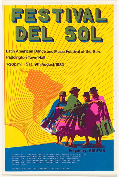 Artist: b'Lane, Leonie.' | Title: b'Festival del sol: Latin American Dance and Music Festival of the Sun. [1980].' | Date: 1980 | Technique: b'screenprint, printed in colour, from four stencils' | Copyright: b'\xc2\xa9 Leonie Lane'