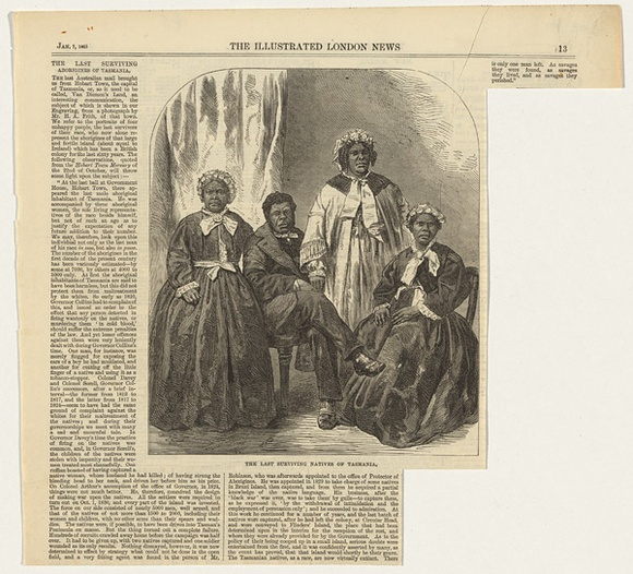 Title: b'The last surviving natives of Tasmania' | Date: 1865 | Technique: b'wood-engraving, printed in black ink, from one block; letterpress' Title: b'The last surviving natives of Tasmania' | Date: 1865 | Technique: b'wood-engraving, printed in black ink, from one block; letterpress'