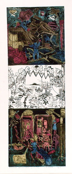 Artist: b'Ewert, Christine.' | Title: b'Unsolved annual-union querries.' | Date: 1984 | Technique: b'etching, printed in black ink from one plate, hand-coloured' Artist: b'Ewert, Christine.' | Title: b'Unsolved annual-union querries.' | Date: 1984 | Technique: b'etching, printed in black ink from one plate, hand-coloured'