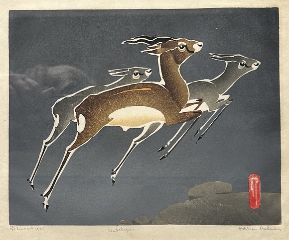 Artist: Palmer, Ethleen. | Title: Antelopes. | Date: 1935 (dated) | Technique: linocut, printed in colour inks, from multiple blocks