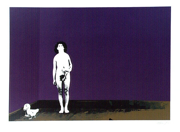 Artist: b'SHOMALY, Alberr' | Title: b'Self portrait with chickens' | Date: 1971 | Technique: b'screenprint, printed in colour, from multiple stencils' Artist: b'SHOMALY, Alberr' | Title: b'Self portrait with chickens' | Date: 1971 | Technique: b'screenprint, printed in colour, from multiple stencils'