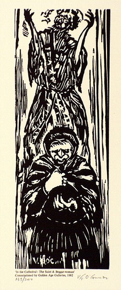 Artist: bO'Connor, Vic. | Title: b'In the Cathedral: The saint and beggarwoman' | Date: 1982 | Technique: b'linocut, printed in black ink, from one block' | Copyright: b'Reproduced with permission of the artist.' Artist: bO'Connor, Vic. | Title: b'In the Cathedral: The saint and beggarwoman' | Date: 1982 | Technique: b'linocut, printed in black ink, from one block' | Copyright: b'Reproduced with permission of the artist.'