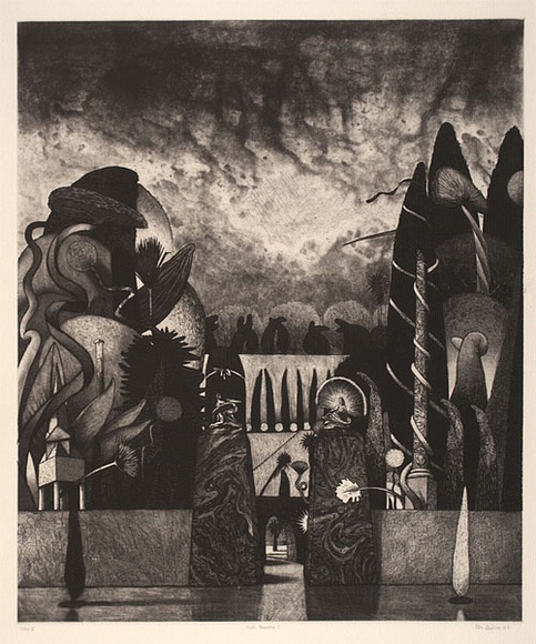 Artist: b'Quick, Ron.' | Title: bFool's paradise I | Date: 1987 | Technique: b'etching, aquatint, roulette, scraping and burnishing, printed in black ink, from one plate' Artist: b'Quick, Ron.' | Title: bFool's paradise I | Date: 1987 | Technique: b'etching, aquatint, roulette, scraping and burnishing, printed in black ink, from one plate'