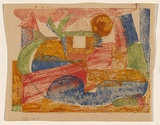 Title: The red bridge | Date: c. 1955 | Technique: stamped print, printed in coloured ink, from multiple stamps