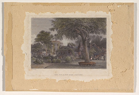Artist: b'Willmore, A.' | Title: b'The old and new home stations.' | Date: 1873-76 | Technique: b'steel engraving, printed in black ink, from one plate; later hand-colouring' Artist: b'Willmore, A.' | Title: b'The old and new home stations.' | Date: 1873-76 | Technique: b'steel engraving, printed in black ink, from one plate; later hand-colouring'
