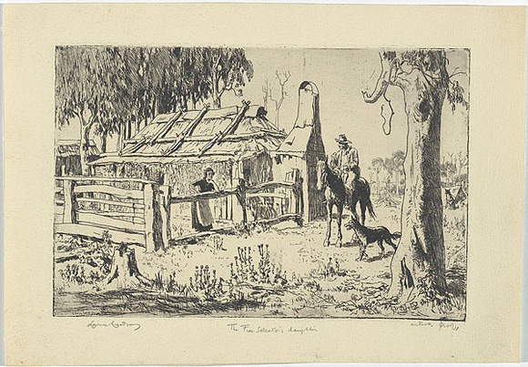 Artist: b'LINDSAY, Lionel' | Title: bThe Free Selector's daughter | Date: 1935 | Technique: b'etching, printed in black ink, from one plate' | Copyright: b'Courtesy of the National Library of Australia' Artist: b'LINDSAY, Lionel' | Title: bThe Free Selector's daughter | Date: 1935 | Technique: b'etching, printed in black ink, from one plate' | Copyright: b'Courtesy of the National Library of Australia'