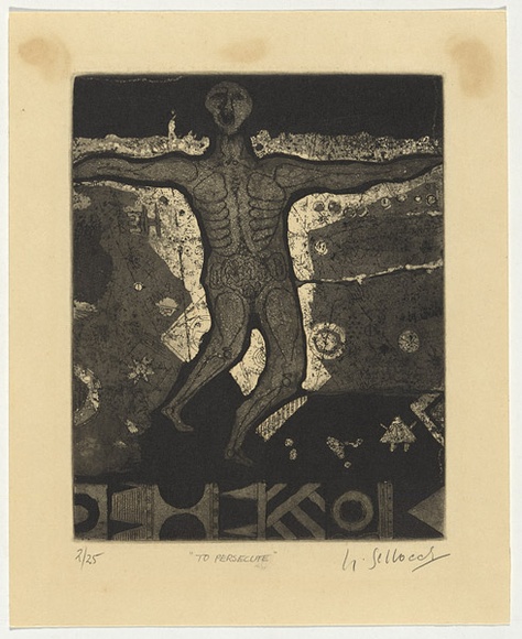 Artist: b'SELLBACH, Udo' | Title: b'To persecute' | Date: 1965 | Technique: b'etching and aquatint printed in black ink, from one plate' Artist: b'SELLBACH, Udo' | Title: b'To persecute' | Date: 1965 | Technique: b'etching and aquatint printed in black ink, from one plate'