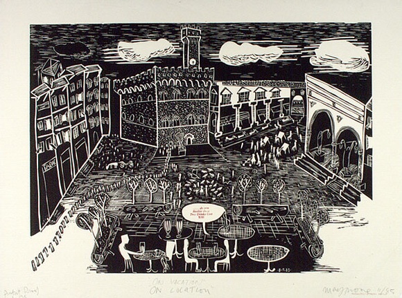 Artist: b'Moore, Mary.' | Title: b'On vacation: On location' | Date: 1985 | Technique: b'linocut printed in black ink, from one block with rubber stamps printed in red' | Copyright: b'\xc2\xa9 Mary Moore' Artist: b'Moore, Mary.' | Title: b'On vacation: On location' | Date: 1985 | Technique: b'linocut printed in black ink, from one block with rubber stamps printed in red' | Copyright: b'\xc2\xa9 Mary Moore'