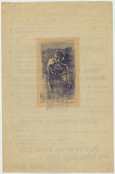 Artist: bO'Connor, Vic. | Title: b'Study, anti war series' | Date: c.1952 | Technique: b'linocut, printed in blue ink, from one block' | Copyright: b'Reproduced with permission of the artist.' Artist: bO'Connor, Vic. | Title: b'Study, anti war series' | Date: c.1952 | Technique: b'linocut, printed in blue ink, from one block' | Copyright: b'Reproduced with permission of the artist.'