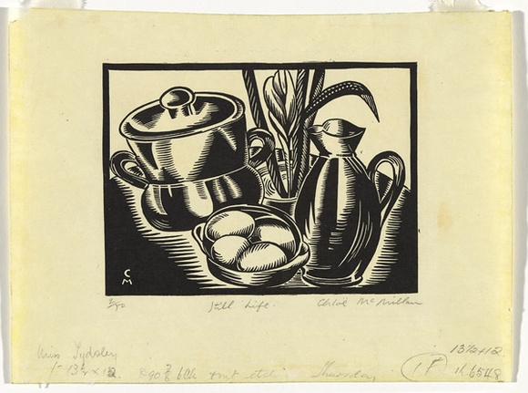 Artist: b'McMillan, Chloe.' | Title: b'Still life' | Date: c.1934 | Technique: b'linocut, printed in black ink, from one block' Artist: b'McMillan, Chloe.' | Title: b'Still life' | Date: c.1934 | Technique: b'linocut, printed in black ink, from one block'