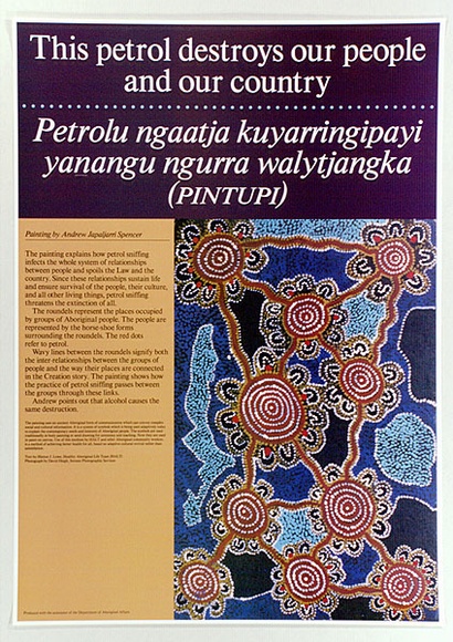 Artist: b'Spencer, Andrew Japaljarri.' | Title: b'This petrol destroys our people and our country' | Date: 1988 | Technique: b'offset lithograph' Artist: b'Spencer, Andrew Japaljarri.' | Title: b'This petrol destroys our people and our country' | Date: 1988 | Technique: b'offset lithograph'