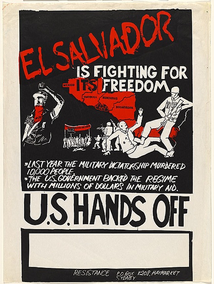Artist: b'Socialist, W. P.' | Title: b'El Salvador is fighting for its freedom...U.S. Hands off' | Date: 1981 | Technique: b'screenprint, printed in colour, from two stencils' Artist: b'Socialist, W. P.' | Title: b'El Salvador is fighting for its freedom...U.S. Hands off' | Date: 1981 | Technique: b'screenprint, printed in colour, from two stencils'