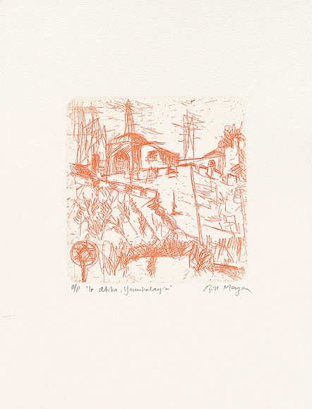 Artist: b'MEYER, Bill' | Title: b'Ir Atika, Yerushalayim' | Date: 1992 | Technique: b'etching, printed in red/orange ink, from one zinc plate' | Copyright: b'\xc2\xa9 Bill Meyer' Artist: b'MEYER, Bill' | Title: b'Ir Atika, Yerushalayim' | Date: 1992 | Technique: b'etching, printed in red/orange ink, from one zinc plate' | Copyright: b'\xc2\xa9 Bill Meyer'