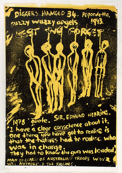 Artist: b'Gibb, Viva Jillian.' | Title: b'Least we Fiorget.' | Date: 1978 | Technique: b'screenprint, printed in colour, from two stencils' Artist: b'Gibb, Viva Jillian.' | Title: b'Least we Fiorget.' | Date: 1978 | Technique: b'screenprint, printed in colour, from two stencils'
