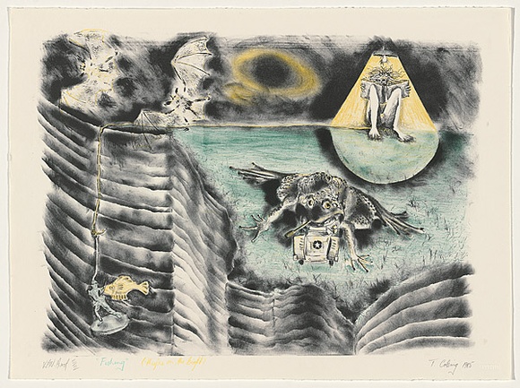 Artist: b'COLEING, Tony' | Title: bFishing (they're on the bight) | Date: 1985 | Technique: b'lithograph, printed in colour, from three stones' Artist: b'COLEING, Tony' | Title: bFishing (they're on the bight) | Date: 1985 | Technique: b'lithograph, printed in colour, from three stones'