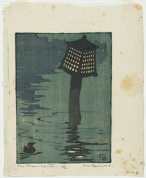 Artist: b'Spowers, Ethel.' | Title: b'The green lantern' | Date: c.1927 | Technique: b'linocut, printed in colour in the Japanese manner, from three blocks' Artist: b'Spowers, Ethel.' | Title: b'The green lantern' | Date: c.1927 | Technique: b'linocut, printed in colour in the Japanese manner, from three blocks'