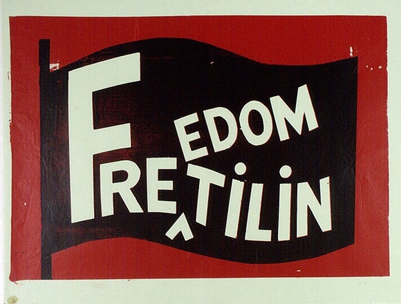 Artist: b'Gibb, Viva Jillian.' | Title: b'Freedom, Fretilin' | Date: 1976 | Technique: b'screenprint, printed in colour, from two stencils' Artist: b'Gibb, Viva Jillian.' | Title: b'Freedom, Fretilin' | Date: 1976 | Technique: b'screenprint, printed in colour, from two stencils'