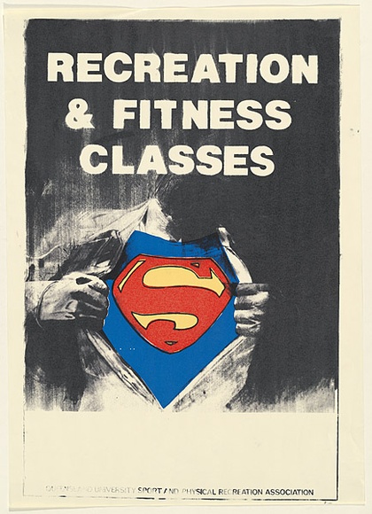 Artist: b'UNKNOWN (UNIVERSITY OF QUEENSLAND STUDENT WORKSHOP)' | Title: b'Recreation & fitness classes' | Date: c.1980 | Technique: b'screenprint, printed in colour, from multiple stencils' Artist: b'UNKNOWN (UNIVERSITY OF QUEENSLAND STUDENT WORKSHOP)' | Title: b'Recreation & fitness classes' | Date: c.1980 | Technique: b'screenprint, printed in colour, from multiple stencils'