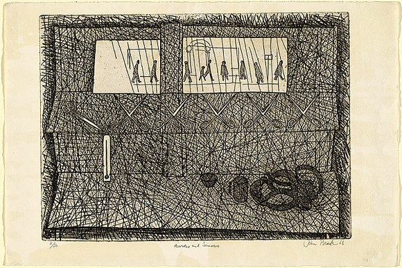 Artist: b'Brack, John.' | Title: b'Mirrors and scissors.' | Date: 1966 | Technique: b'etching, printed in black ink, from one copper plate' | Copyright: b'\xc2\xa9 Helen Brack' Artist: b'Brack, John.' | Title: b'Mirrors and scissors.' | Date: 1966 | Technique: b'etching, printed in black ink, from one copper plate' | Copyright: b'\xc2\xa9 Helen Brack'