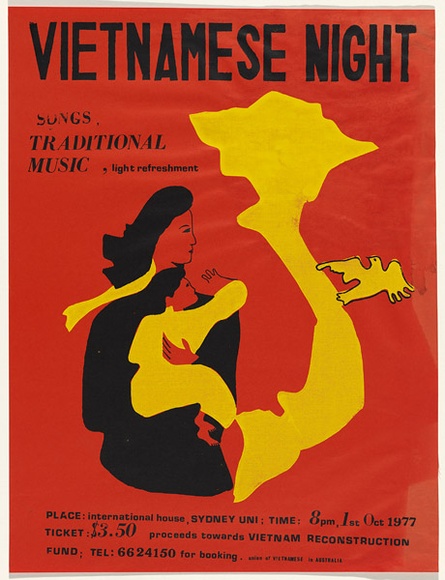 Artist: b'UNKNOWN' | Title: b'Vietnamese night. Songs, traditional music, light refreshment.' | Date: 1977 | Technique: b'screenprint, printed in colour, from three stencils' Artist: b'UNKNOWN' | Title: b'Vietnamese night. Songs, traditional music, light refreshment.' | Date: 1977 | Technique: b'screenprint, printed in colour, from three stencils'