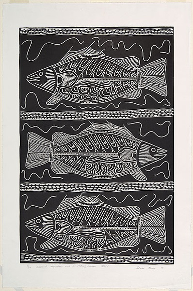 Artist: b'Barsa, Tatipai w.' | Title: b'Seasonal migration and the mating season (Fish)' | Date: 1996 | Technique: b'linocut, printed in black ink, from one block' Artist: b'Barsa, Tatipai w.' | Title: b'Seasonal migration and the mating season (Fish)' | Date: 1996 | Technique: b'linocut, printed in black ink, from one block'